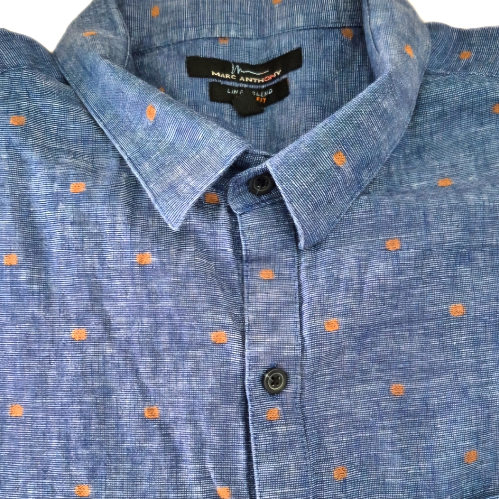 Marc Anthony Mens Shirt Blue Chambray Linen Blend Long Sleeve Button Up …